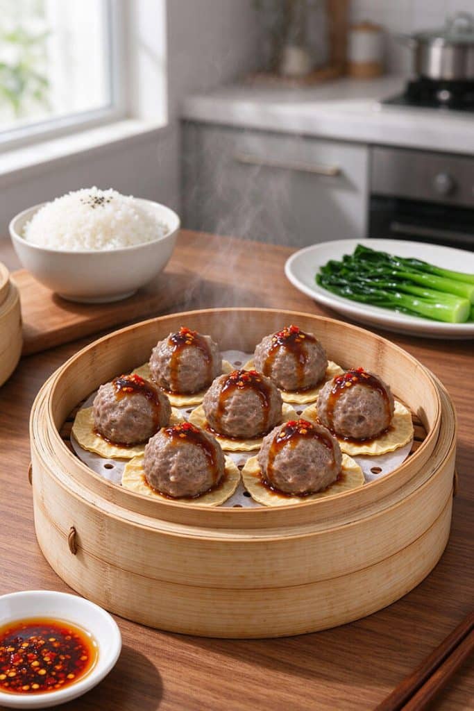 Steaming hot Cantonese steamed beef balls over tofu skin sheets in a bamboo steamer with rice and gai lan in the background.