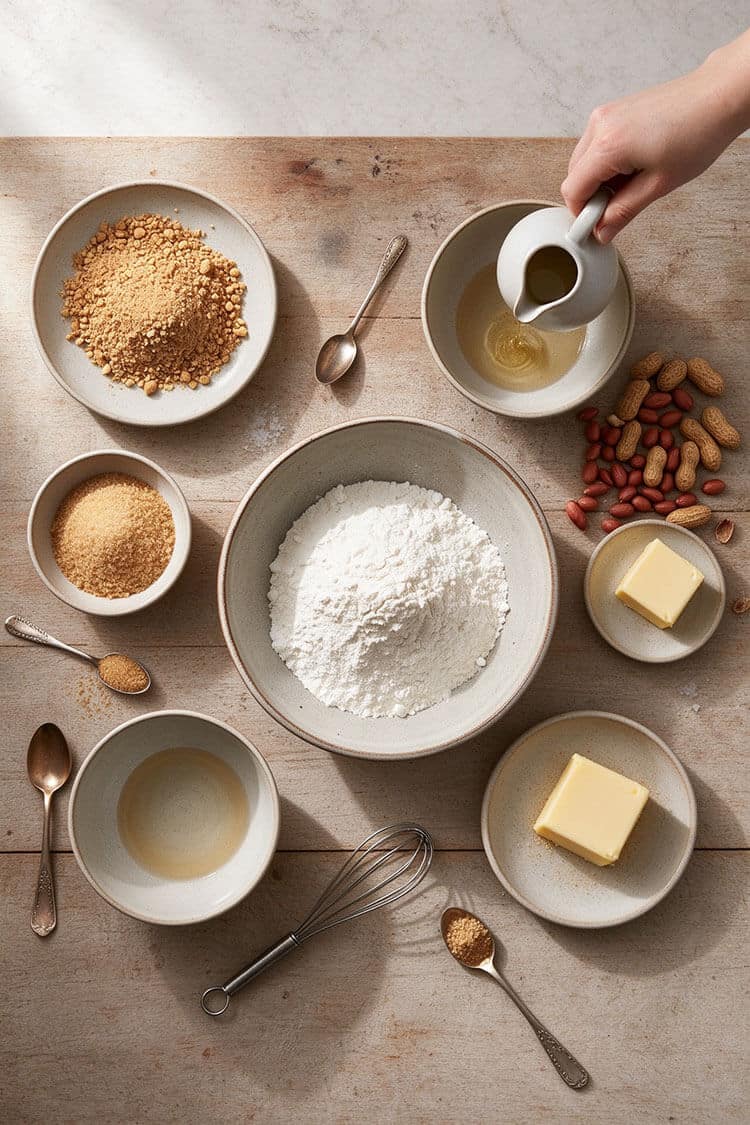 Overhead flatlay view of glutinous sweet rice flour, warm water, granulated sugar, roasted whole peanuts, crushed peanuts, and softened butter on a rustic wooden kitchen counter
