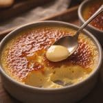 Macro shot of a silver spoon lifting a shard of golden caramelized sugar crust and creamy, velvety Crema Catalana custard.