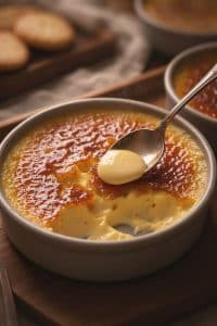 Macro shot of a silver spoon lifting a shard of golden caramelized sugar crust and creamy, velvety Crema Catalana custard.
