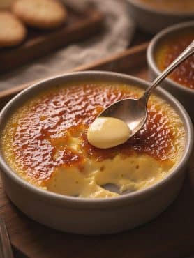 Macro shot of a silver spoon lifting a shard of golden caramelized sugar crust and creamy, velvety Crema Catalana custard.
