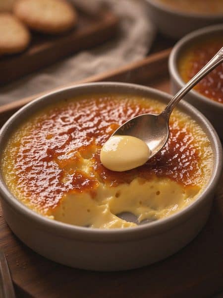 Macro shot of a silver spoon lifting a shard of golden caramelized sugar crust and creamy, velvety Crema Catalana custard.