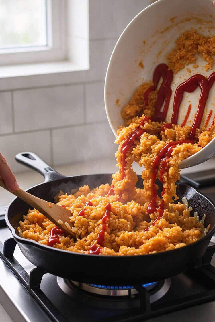 Tossing day-old rice drizzled with rich red ketchup and soy sauce in a sizzling black skillet with a wooden spatula