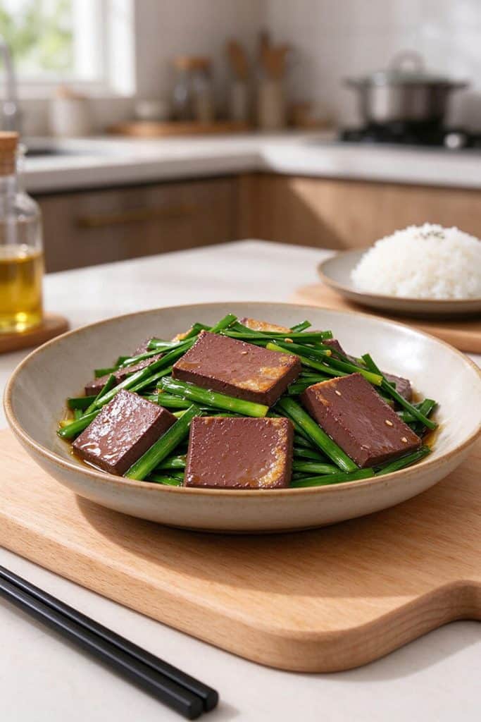 Tender pork blood curd with Chinese chives served on a ceramic plate next to steamed rice.