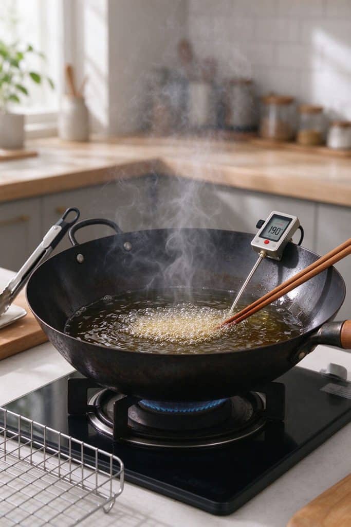 Monitoring hot frying oil in a black wok with a digital probe thermometer reading 190 degrees Celsius.