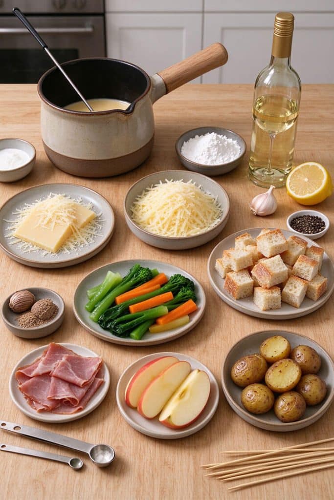 Overhead flat lay of cheese fondue ingredients and dippers including freshly grated Gruyère, white wine, cornstarch, bread cubes, and roasted potatoes.