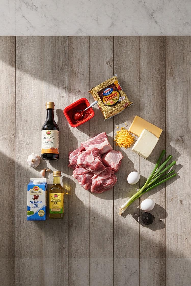 Overhead flatlay view of fresh raw pork neck bones, instant ramen noodles, block and shredded sharp cheddar, cream cheese block, gochujang tub, soy sauce bottle, sesame oil, garlic, green onions, and eggs on a wooden tabletop