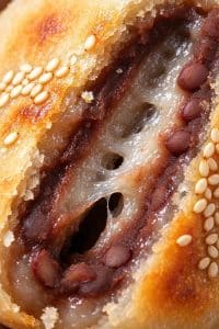 Macro detail of warm chewy mochi pull inside a sliced Chinese red bean cake showing sticky translucent texture.