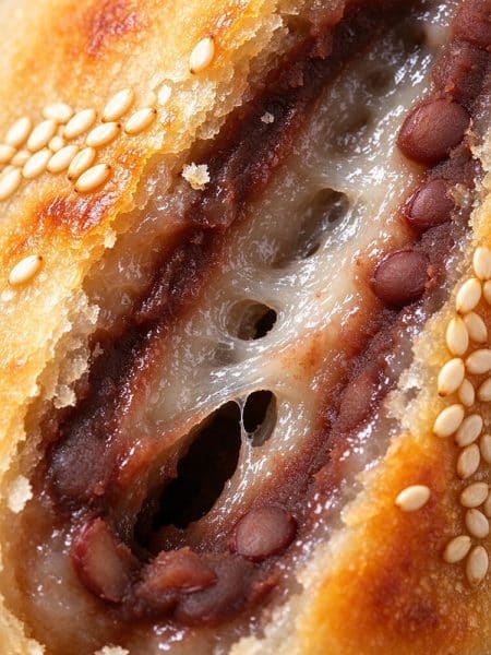 Macro detail of warm chewy mochi pull inside a sliced Chinese red bean cake showing sticky translucent texture.
