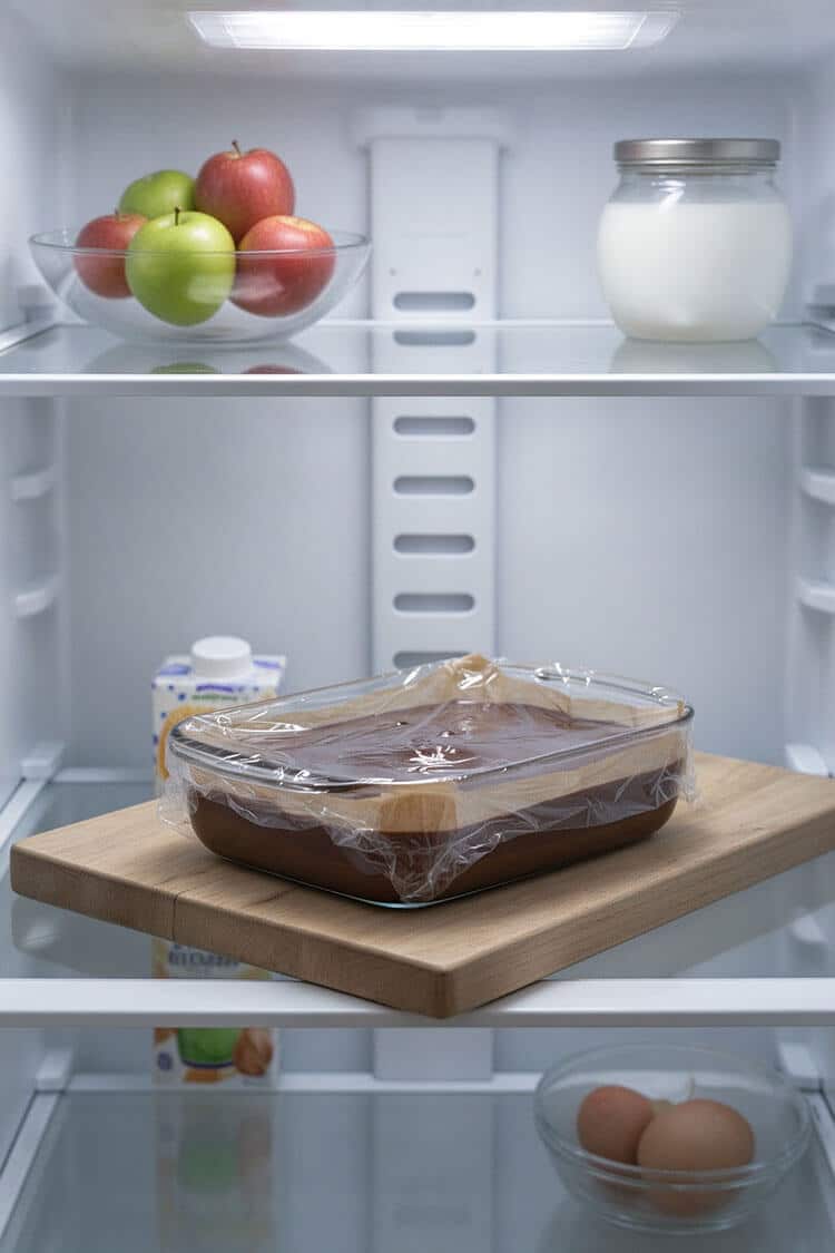 A rectangular glass container lined with parchment paper filled with chocolate ganache covered tightly with plastic wrap sitting on a wooden board inside a modern white refrigerator