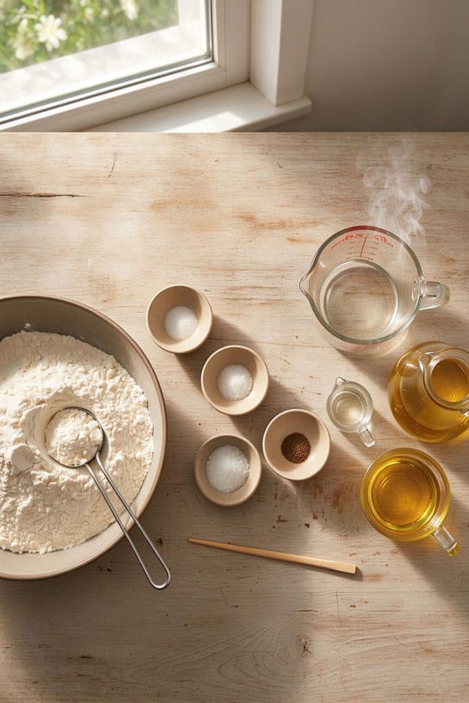 Flat lay of ingredients for Chinese fried dough sticks including flour, leaveners, warm water, and oil.