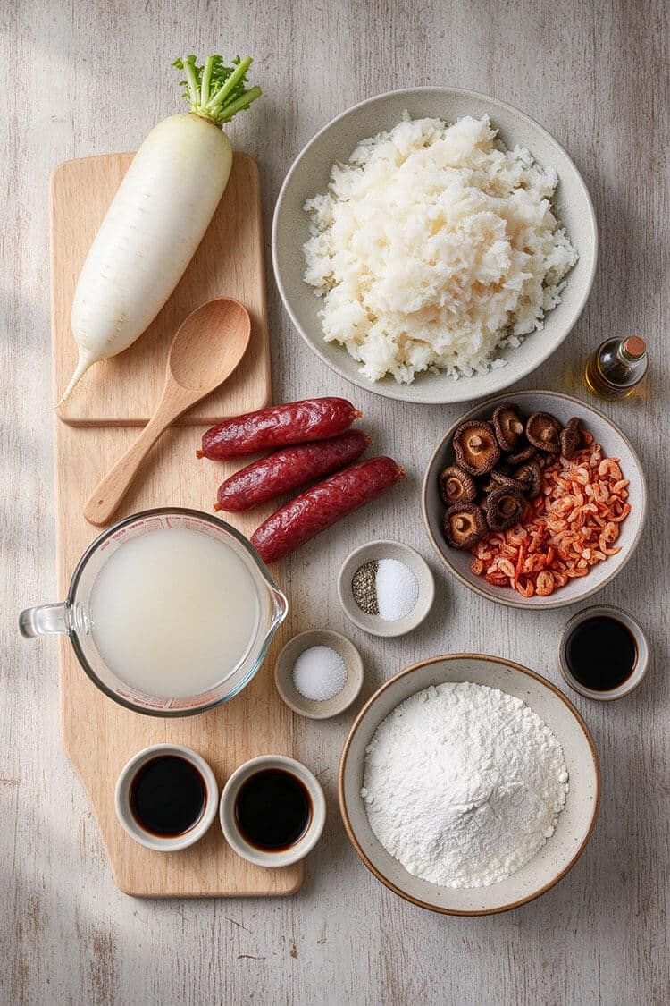 Flat lay of ingredients for classic Chinese turnip cake including fresh daikon radish, coarse grated daikon, rice flour, Chinese sausage links, dried shrimp, dried shiitake mushrooms, and seasoning bowls.