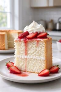 A tall, fluffy slice of homemade angel food cake topped with macerated fresh strawberries and whipped cream on a white dessert plate.