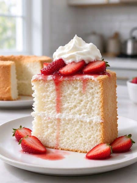 A tall, fluffy slice of homemade angel food cake topped with macerated fresh strawberries and whipped cream on a white dessert plate.