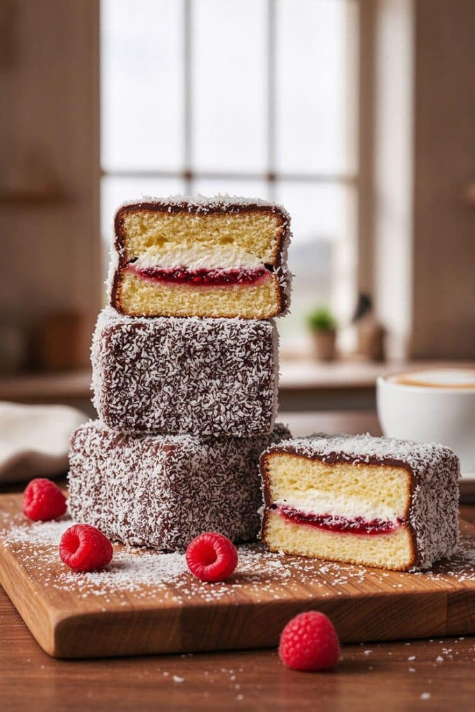Stacked homemade Australian lamington cakes filled with raspberry jam and fresh cream coated in chocolate and coconut on a wooden board.