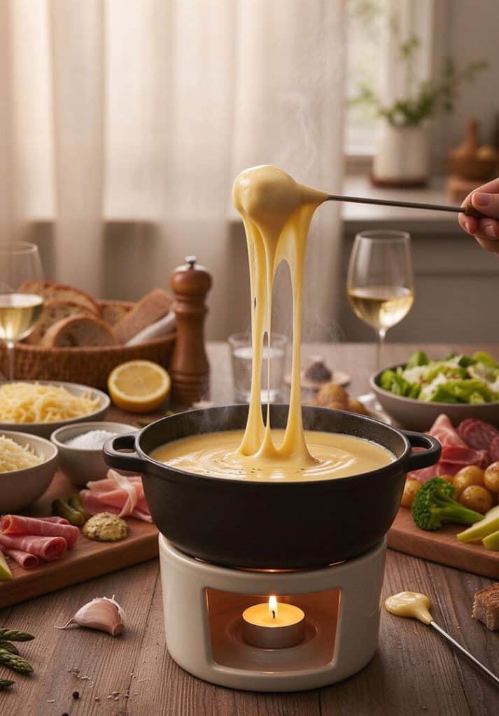 Warm Swiss cheese fondue bubbling over a tea light warmer surrounded by wine glasses, crusty bread, and charcuterie on a wooden table.