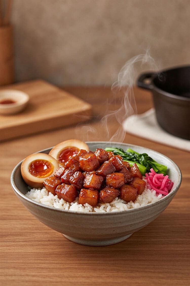 Ceramic bowl of steaming Taiwanese Lu Rou Fan topped with shiny braised diced pork belly, halved braised tea eggs, blanched bok choy, and pickled pink radish.