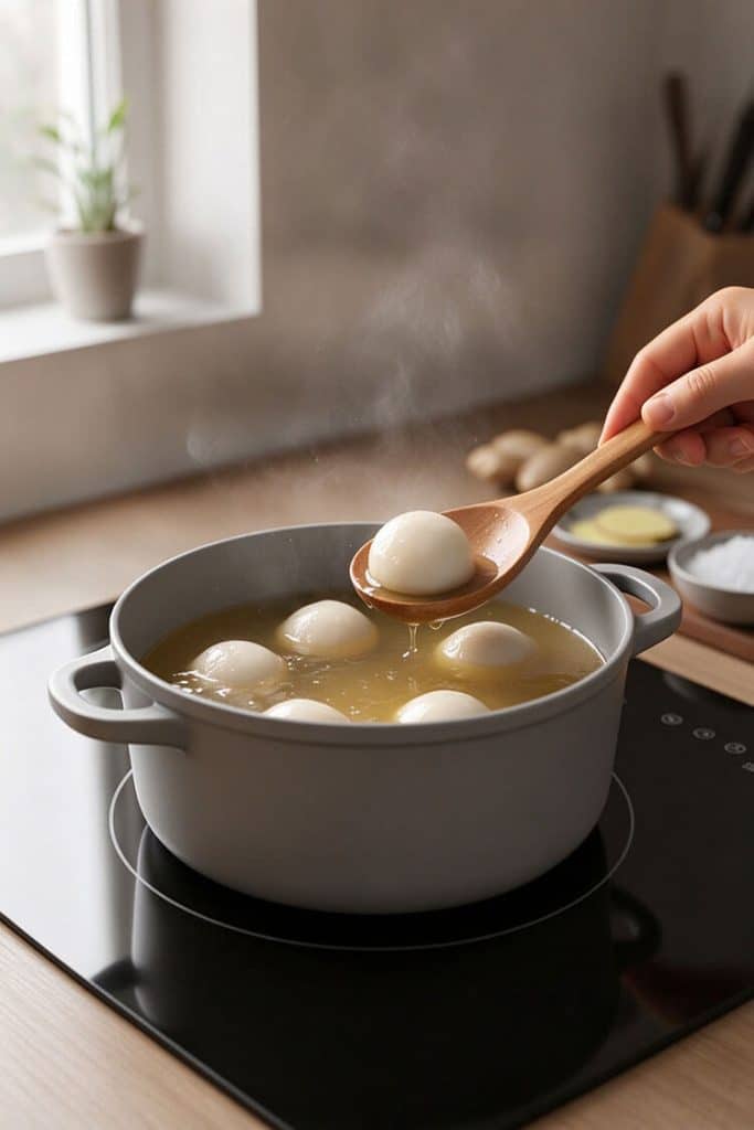 Freshly cooked peanut tang yuan glutinous rice balls floating in hot sweet ginger soup lifted with a wooden spoon.