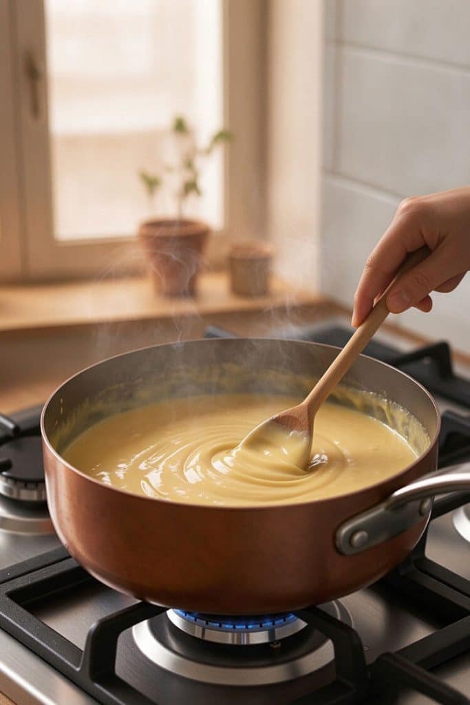 Stirring thickening yellow Crema Catalana custard with a wooden spoon in a copper pan on the stovetop until it coats the back of the spoon.