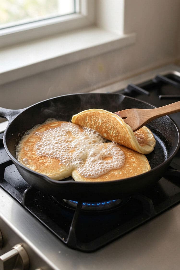 A wooden spatula gently lifting the edge of a bubbling golden pancake in a seasoned black cast iron skillet over a gas stove flame