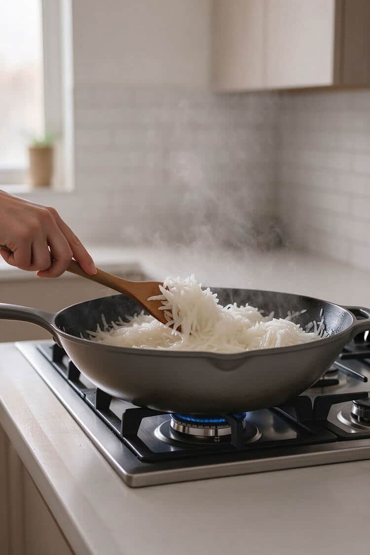 Cooking shredded white daikon radish in a non-stick wok with a wooden spatula until tender and translucent.
