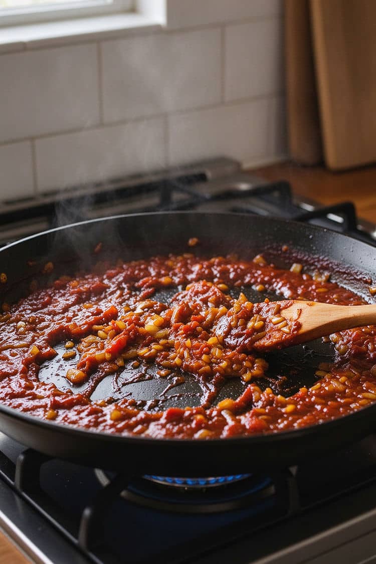 A wooden spoon stirring a thick, dark red sofrito of grated fresh tomatoes, diced onions, garlic, and smoked paprika in a hot skillet