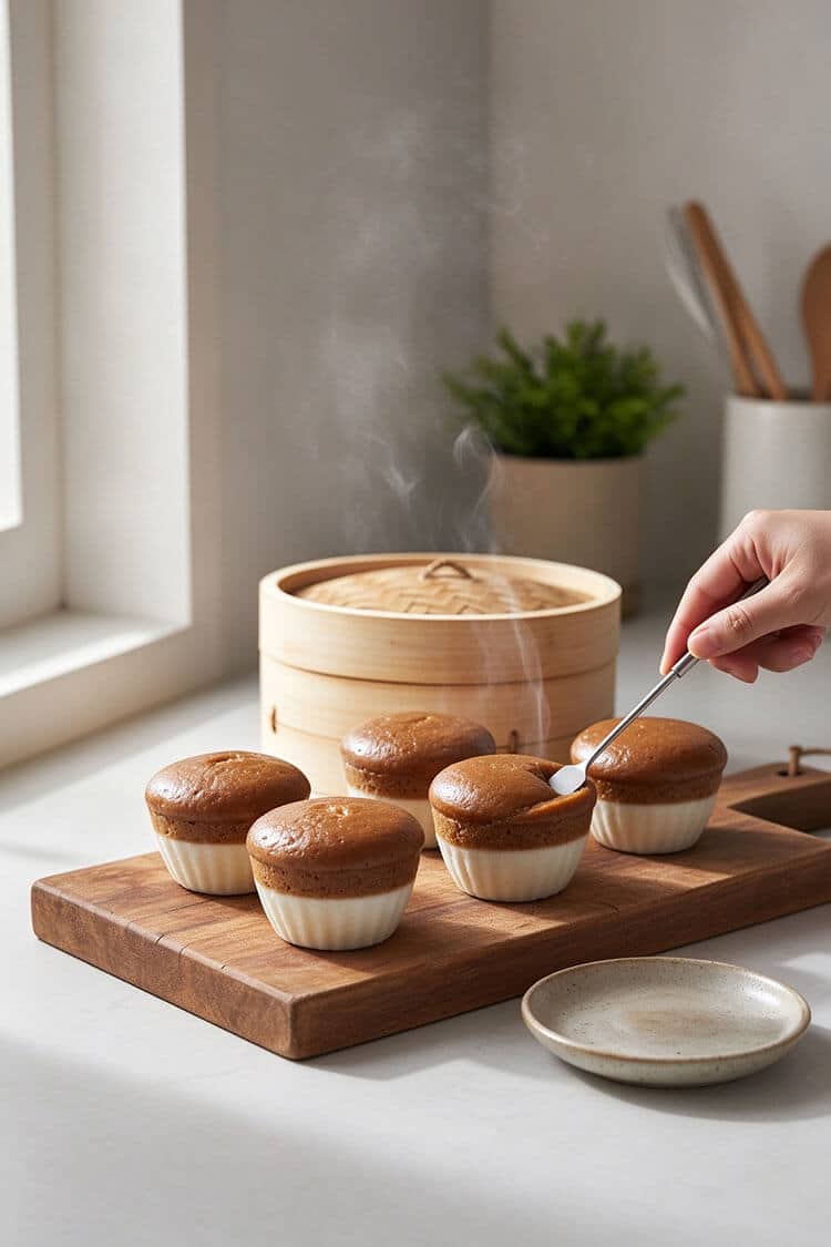 Freshly steamed two-layer brown sugar and white put chai ko cooling on a wooden cutting board with steam rising and a dessert fork resting on top