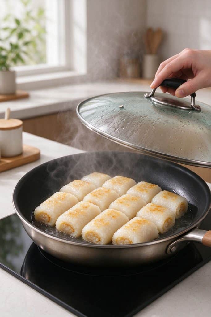 Covering the sizzling skillet with a clear glass lid to trap steam and finish cooking the interior.