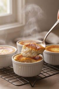 Vintage silver spoon lifting a warm bite of creamy baked tapioca pudding showing plump translucent pearls, custard interior, and caramelized golden surface.