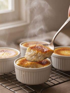 Vintage silver spoon lifting a warm bite of creamy baked tapioca pudding showing plump translucent pearls, custard interior, and caramelized golden surface.