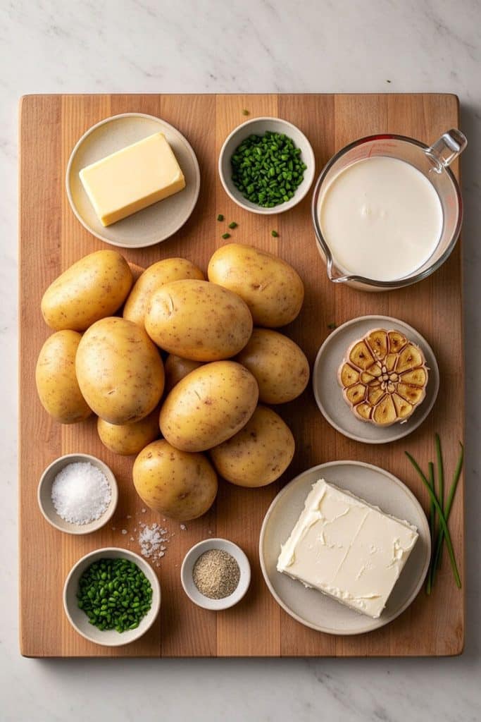 Flat lay of ingredients for creamy mashed potatoes including Yukon Golds, butter, heavy cream, roasted garlic, and cream cheese.