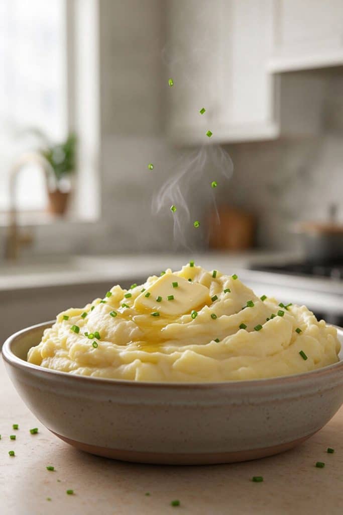A ceramic bowl of fluffy creamy mashed potatoes topped with melting butter and freshly chopped chives.