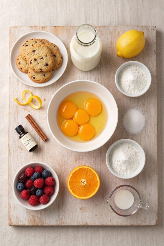 Flat lay of ingredients for Crema Catalana including whole milk, egg yolks, cornstarch, sugar, fresh lemon, orange, and a whole cinnamon stick.