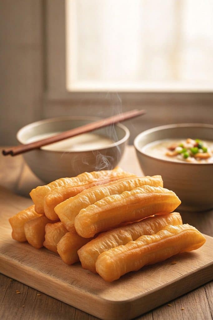 Golden crispy Chinese fried dough sticks stacked on a wooden board served with bowls of soy milk and congee.