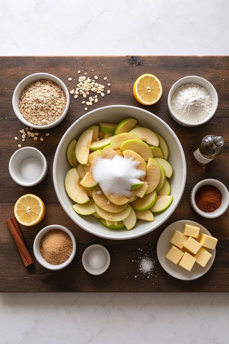 Overhead flatlay view of sliced Granny Smith apples in a bowl with sugar, rolled oats, flour, brown sugar, cold butter cubes, cinnamon sticks, and lemon on a wooden surface