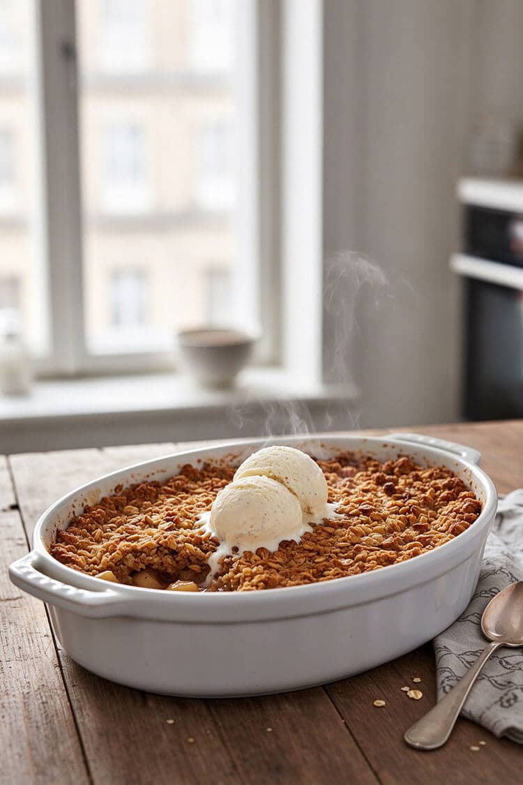 A warm white ceramic baking dish of crispy cinnamon oat apple crumble with steam rising, topped with two melting scoops of vanilla bean ice cream and a vintage spoon