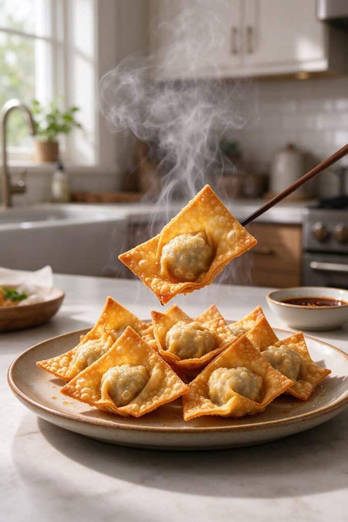 Crispy deep fried wonton lifted with chopsticks showing rising steam above a platter of golden wontons.
