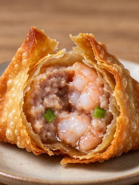 Macro close-up cross section of a fried wonton with a crispy blistered shell and juicy shrimp pork filling.