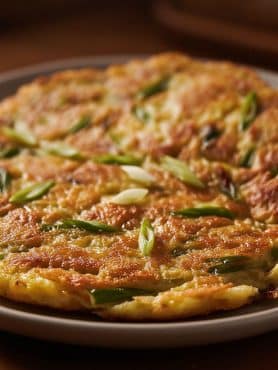 Extreme macro close-up of the crispy golden crust and tender noodlefish interior of Chinese silverfish egg pancake garnished with scallions.