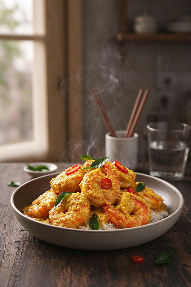 A steaming bowl of crispy golden salted egg yolk shrimp served over white rice with fresh curry leaves and red chili on a rustic wooden table