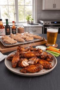 Platter of sticky sweet and spicy baked chicken wings with a pulled-apart wing revealing juicy meat, served with ranch, celery sticks, and cold beer.