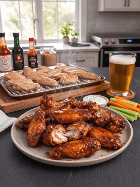 Platter of sticky sweet and spicy baked chicken wings with a pulled-apart wing revealing juicy meat, served with ranch, celery sticks, and cold beer.