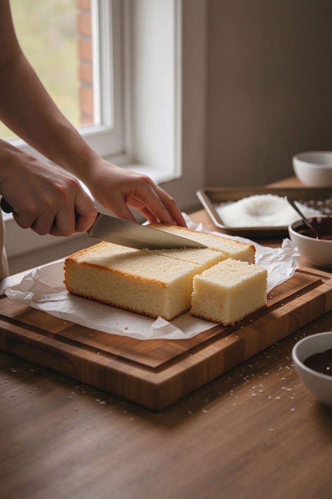 Slicing a chilled rectangular sponge cake on a parchment-lined wooden cutting board into 16 even squares with a sharp chef knife.