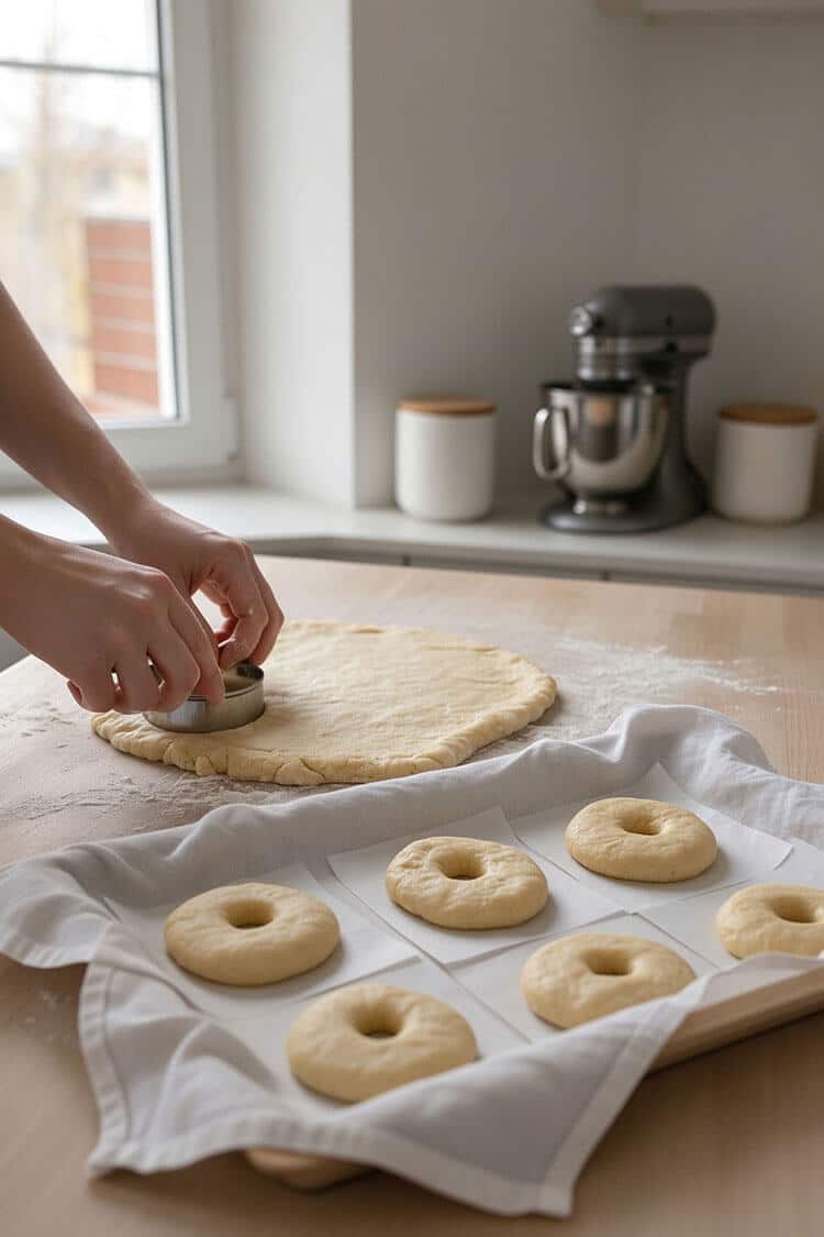 Hands using a round metal cutter to cut donut rings from rolled dough on a wooden counter, arranging them on individual parchment squares on a baking sheet