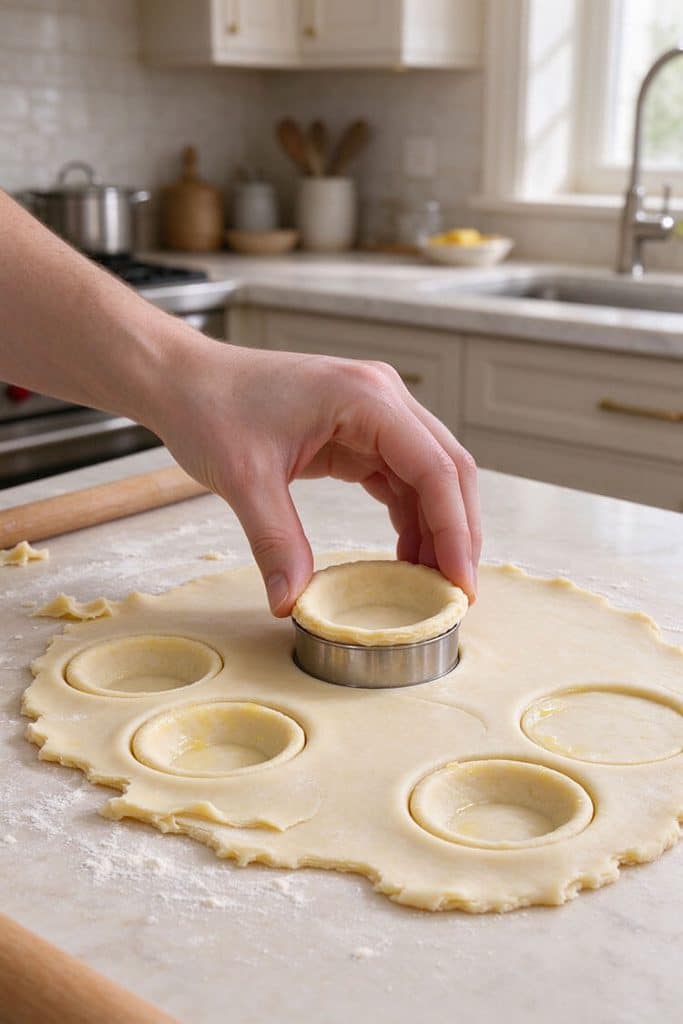 Cutting round dough circles with a round stainless steel cookie cutter from a rolled pastry sheet on a counter.