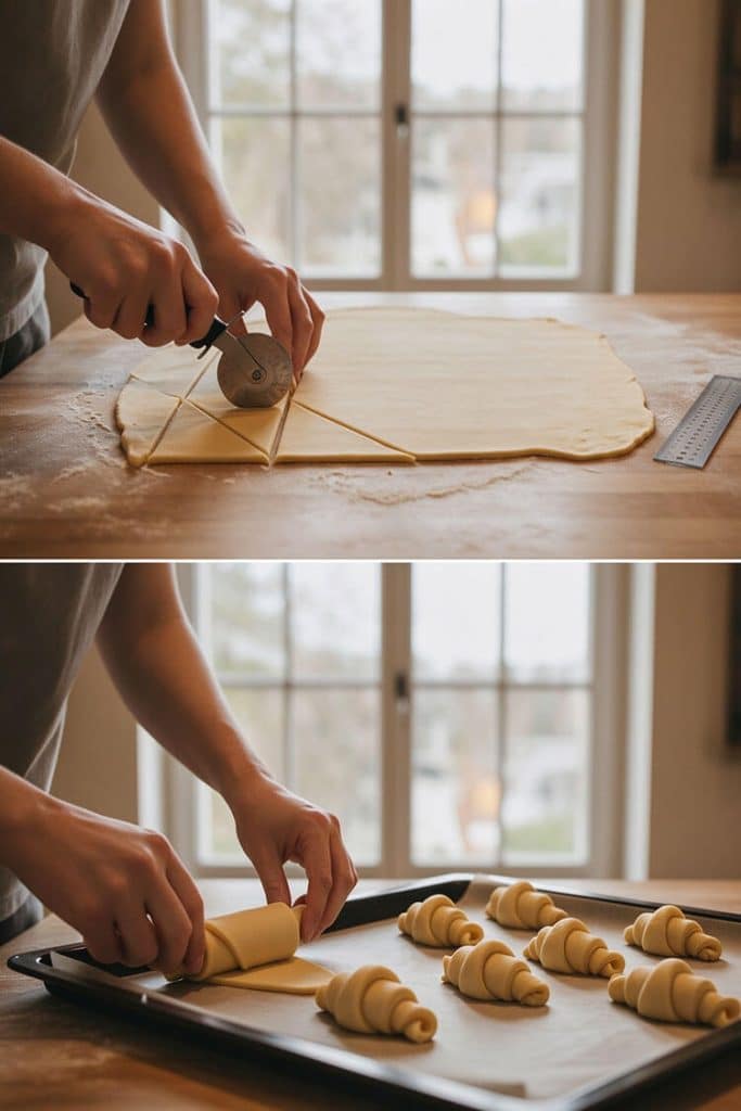 Cutting pastry dough into tall triangles with a pastry wheel and gently rolling them into croissant shapes on a tray.