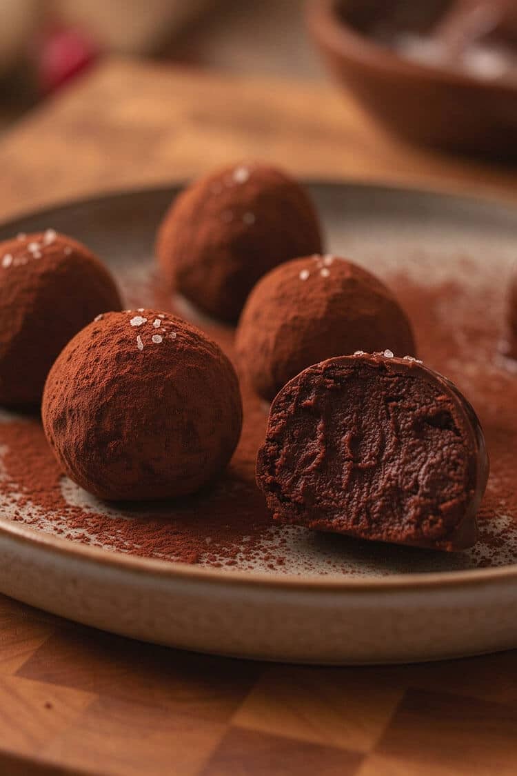 Macro close-up cross-section of a cocoa-dusted dark chocolate truffle showing a dense, fudgy, and yielding ganache interior sprinkled with flaky sea salt