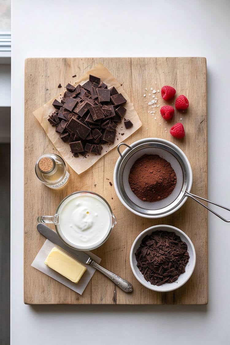 Overhead flatlay view of chopped dark chocolate bars, heavy cream in a measuring cup, butter stick, cocoa powder in a fine mesh strainer, vanilla extract, sea salt, and fresh raspberries on a cutting board