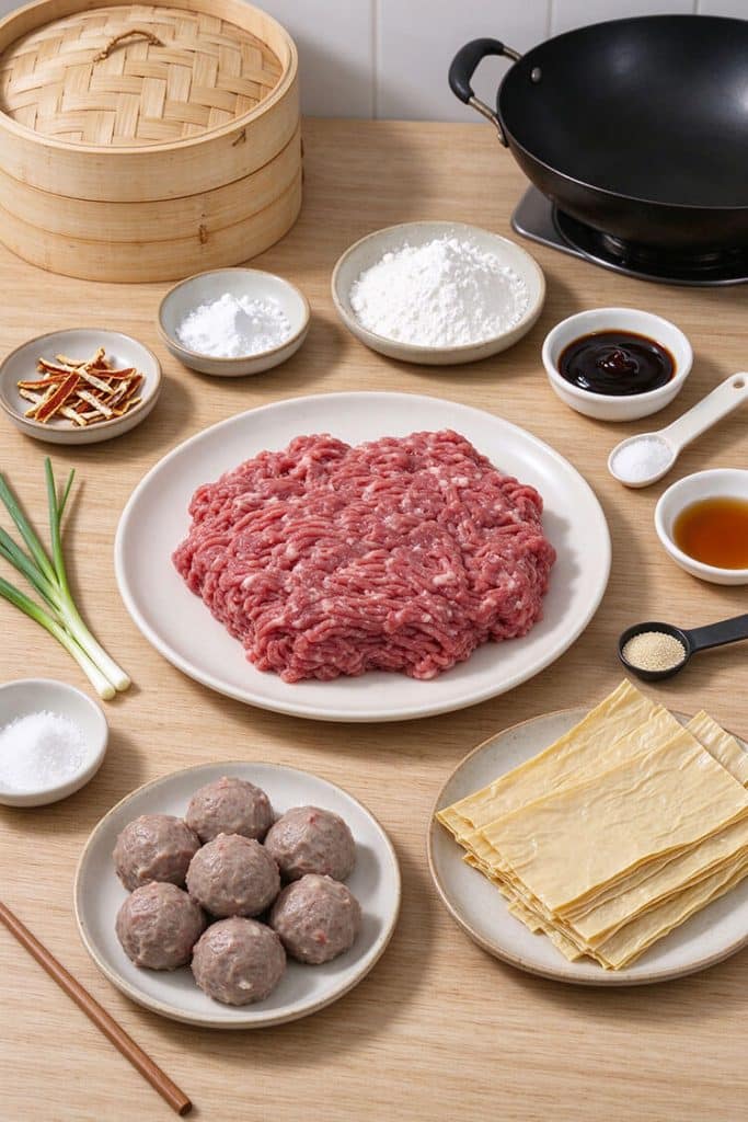 Overhead flat lay of dim sum beef ball ingredients including ground chuck, tofu skin sheets, dried tangerine peel, water chestnuts, cornstarch, and bamboo steamer.