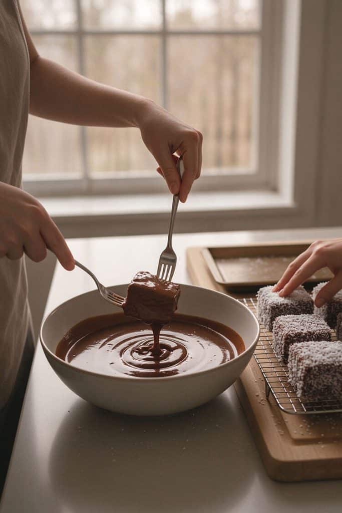 Using two forks to dip a sponge cake cube into glossy chocolate glaze and transferring onto a tray of desiccated coconut.